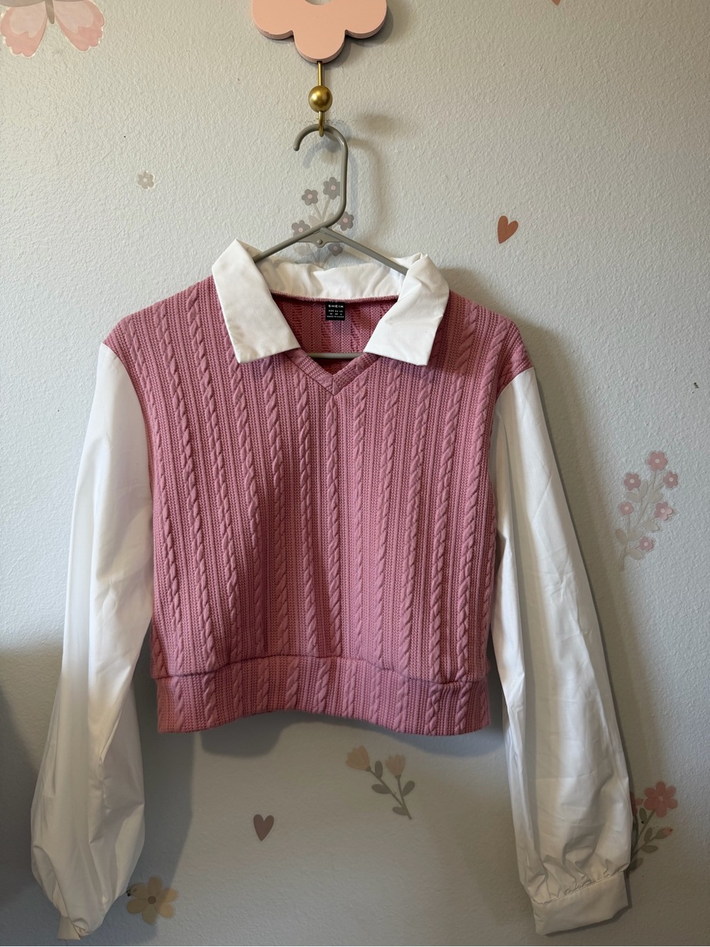 SHEIN Pink Cable-Knit V-Neck Sweater with White Shirt Sleeves